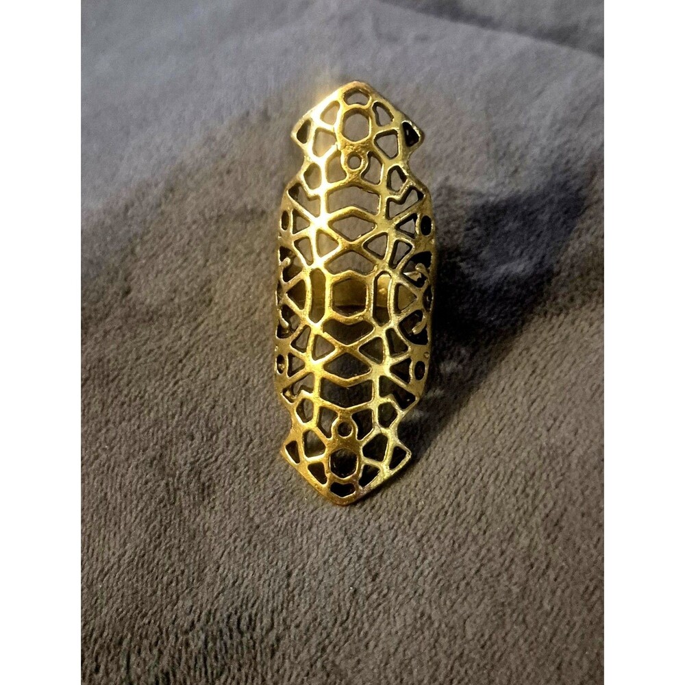 2” Long Heavy Brass Armor Shield Ring Sz 9.5 Honeycomb Lattice Full Finger Boho